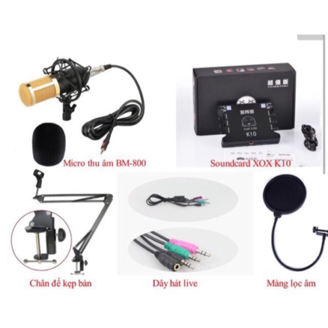 Combo sound card thu âm,Micro BM800,Livestream XOX K10, chân kẹp bàn, màng lọc âm( full bộ)Tặng tai nghe