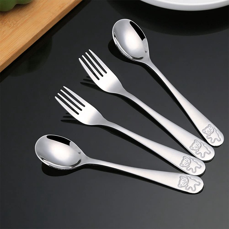 Set 12 Muỗng Nĩa Bằng Thép Không Gỉ Hình Gấu Dễ Thương Cho Bé