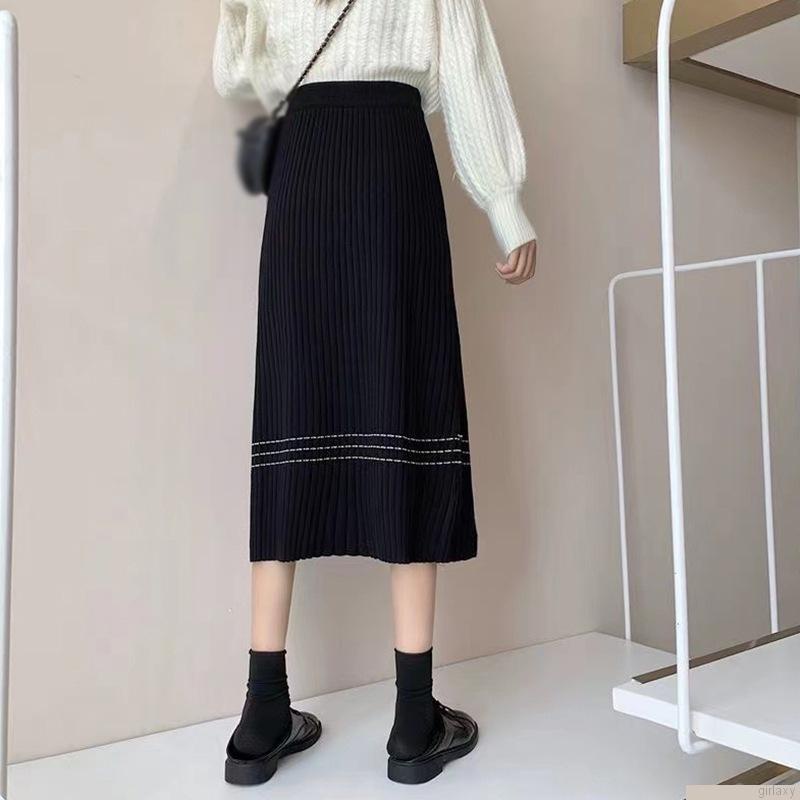 Chân váy midi dài lưng cao phối kẻ sọc phong cách retro Hàn Quốc cho nữ