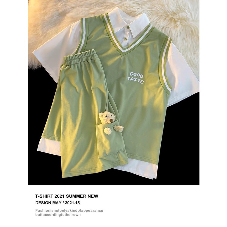 Set áo thun polo phối quần short màu xanh lá in hình gấu phong cách Hàn Quốc cao cấp