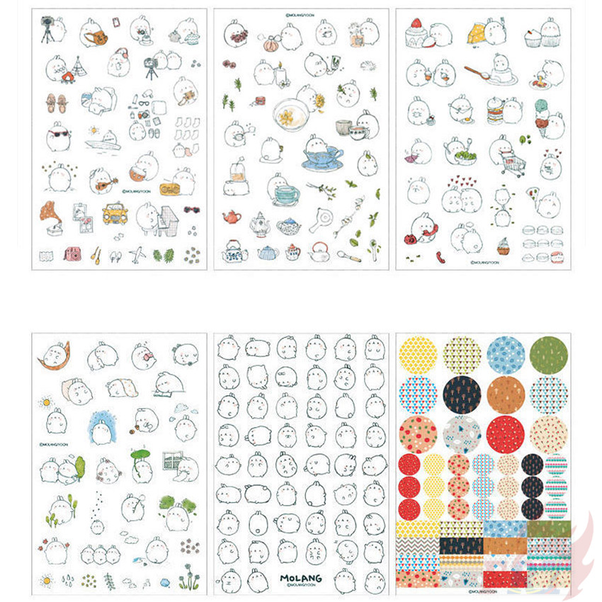 Set 6 tờ miếng dán họa tiết thỏ Molang Q-2 đáng yêu trang trí sổ tay thủ công