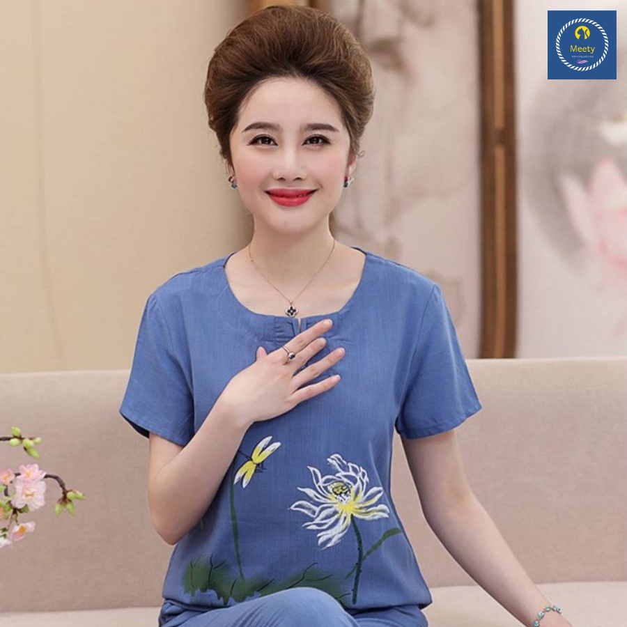 Đồ Bộ Trung Niên Cho Mẹ Mặc Nhà Bisize Vải Đũi Trơn Cao Cấp Mềm Mát, Không Nhăn Lên Dáng Chuẩn Form TN15 - Meety