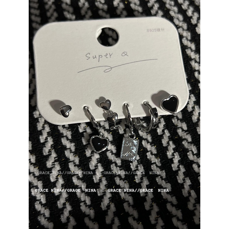 6PCS Đôi khuyên tai/ Set khuyên tai màu đen đính đá quý hình gấu trái tim và nơ dễ thương cho nữ / Khuyên Tai Bạc Hình Gấu Đen Cổ Điển Hàn Quốc /