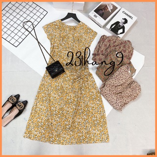 Váy hoa nhí đầm đi biển cổ tròn vintage eo rút dây khóa sau lưng chất voan dự tiệc sang trọng đi chơi đi biển 23thang9