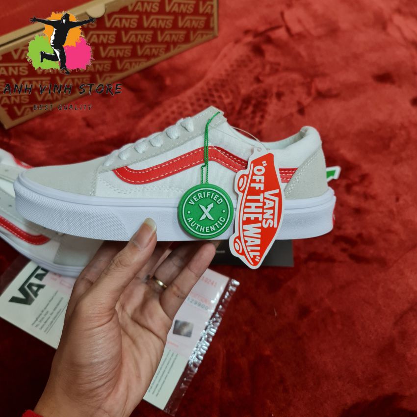 Giày Vans Old Skool Trắng Sọc Đỏ Nam Nữ Cổ Thấp
