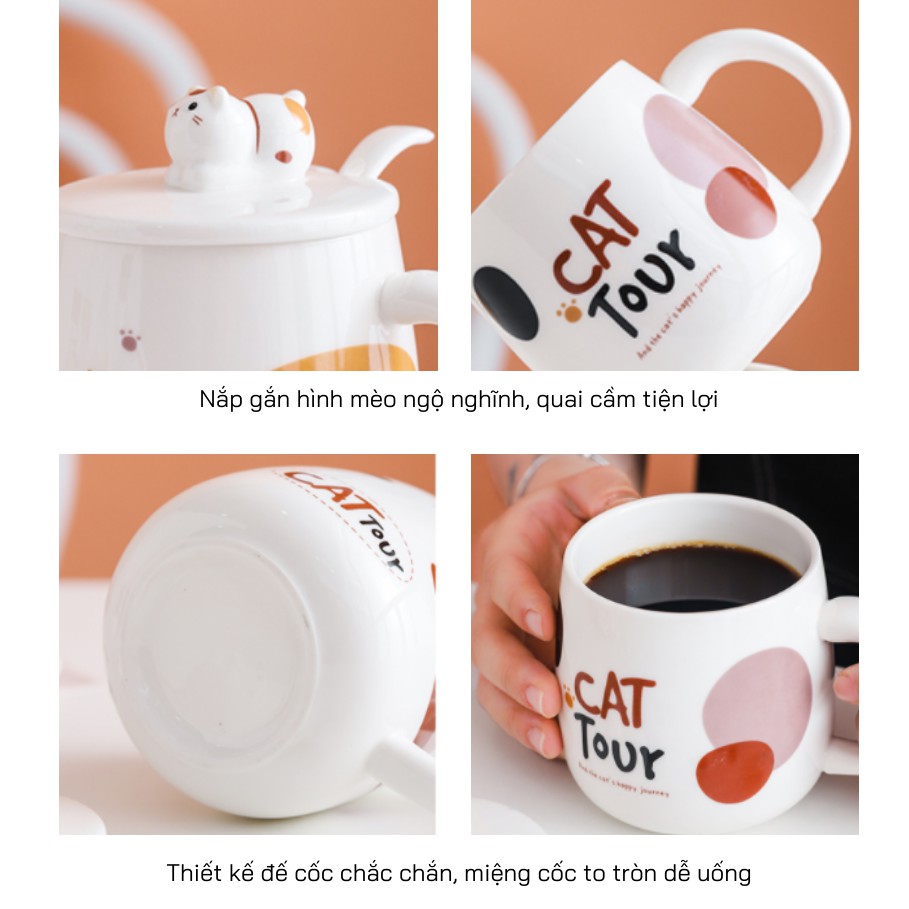 Cốc sứ có nắp đậy hình mèo CatTour dễ thương 400ml, ly sứ uống nước phù hợp quà tặng, decor