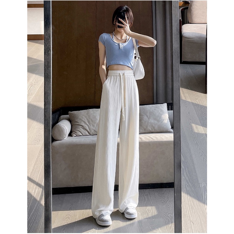 Quần Lụa Lạnh Lưng Cao Ống Rộng Plus Size Cho Nữ