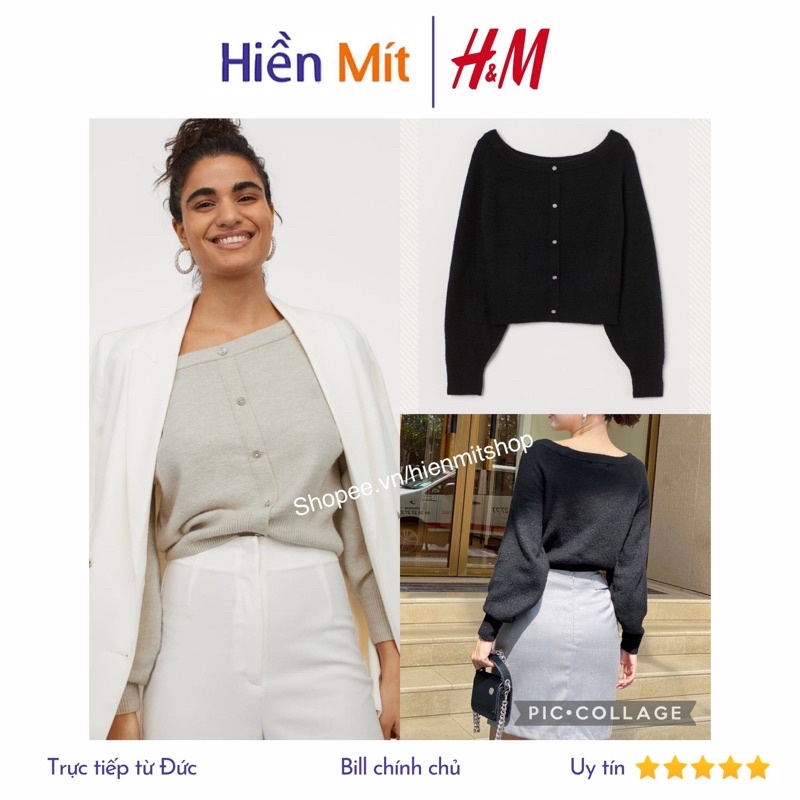H&M Đức - Áo len đen cổ thuyền 0944018001 nút trang sức đính hạt tay phồng dài HM