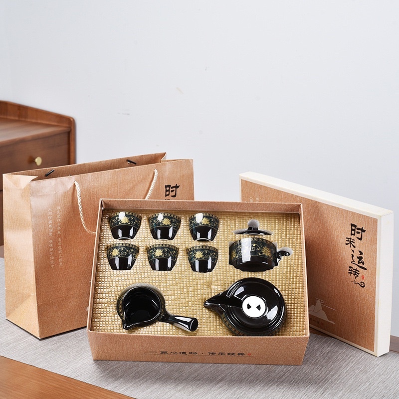 Bộ Ấm Chén Pha Trà Cối Xay Hoa Văn Xanh Vàng Đen Bóng(bao gồm Hộp Quà+ túi xách đi kèm