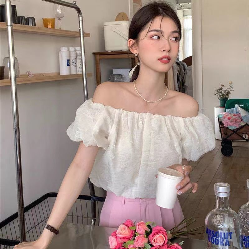 Áo Trễ Vai Tay Phồng Ngắn Dáng Ôm Thời Trang Mùa Hè Xinh Xắn Cho Nữ
