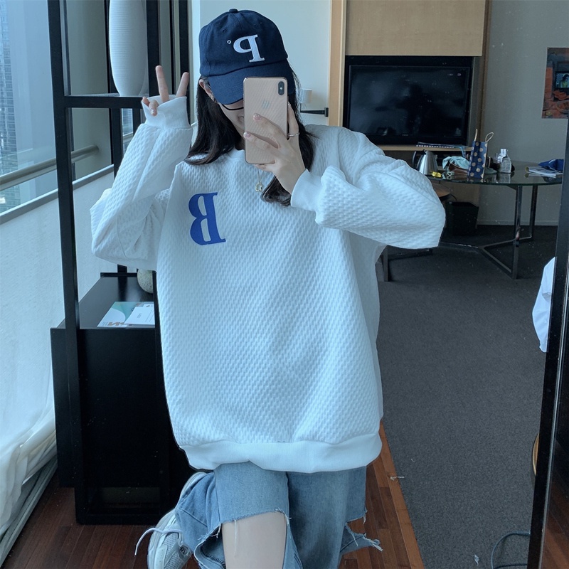 Áo thun / Áo sweater tay dài cổ tròn dáng rộng thêu chữ cái năng động dễ phối đồ