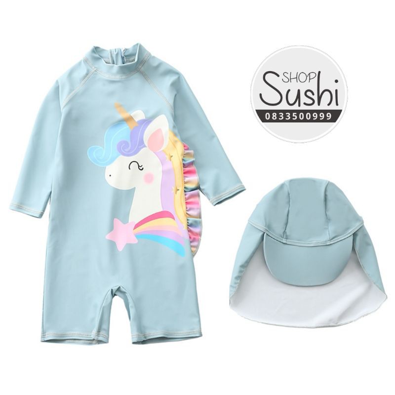 (FreeShip) Bộ bơi dài tay kèm mũ che gáy Pony