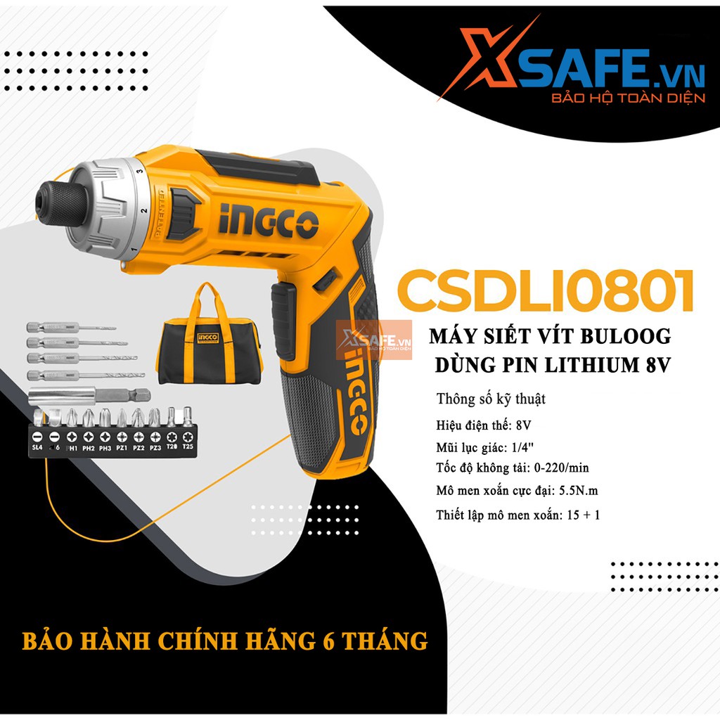 Máy siết bulong INGCO CSDLI0801 dùng pin 8V kèm 10 mũi siết vít 25mm, 1 mũi từ, 1 cục sạc 2 giờ. Máy bắn bulong cầm tay