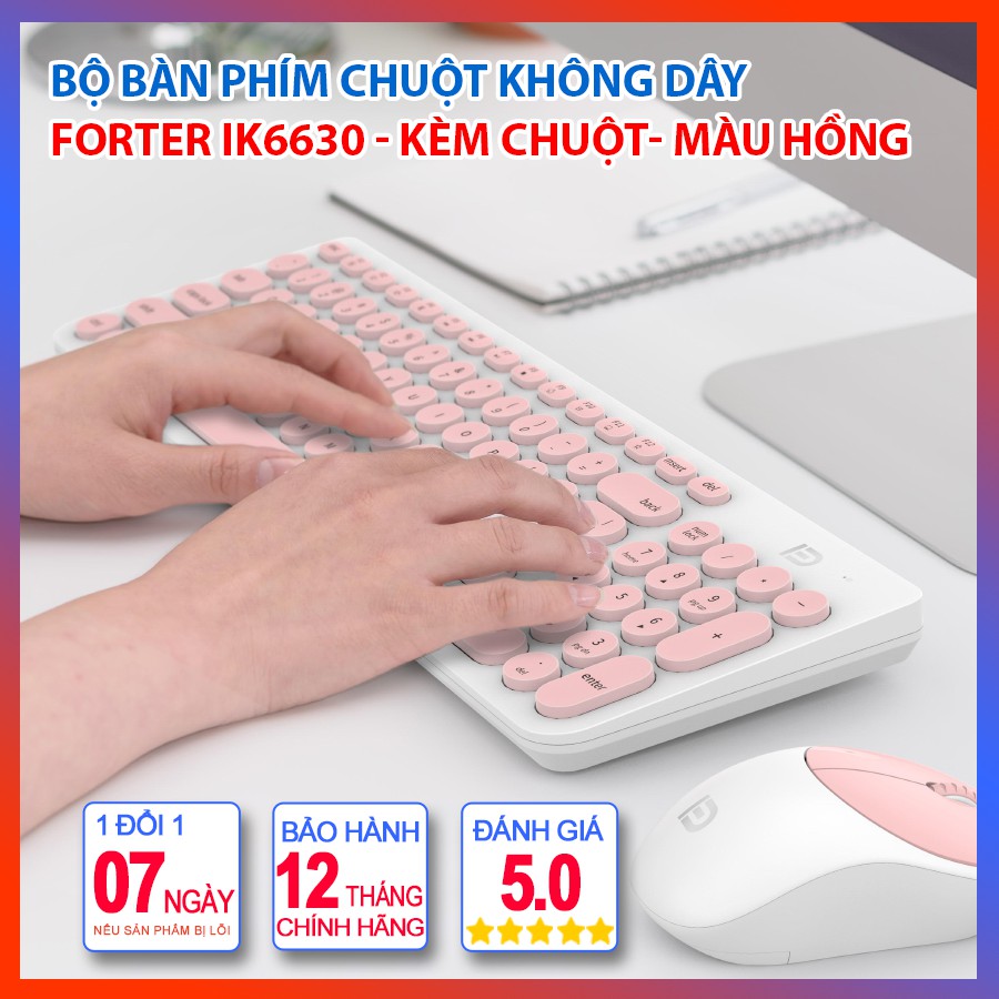 Bộ Bàn Phím Chuột Không Dây Forter IK6630 Màu Hồng - Hàng Chính Hãng - Kết Nối Không Dây, Bảo Hành 12 Tháng