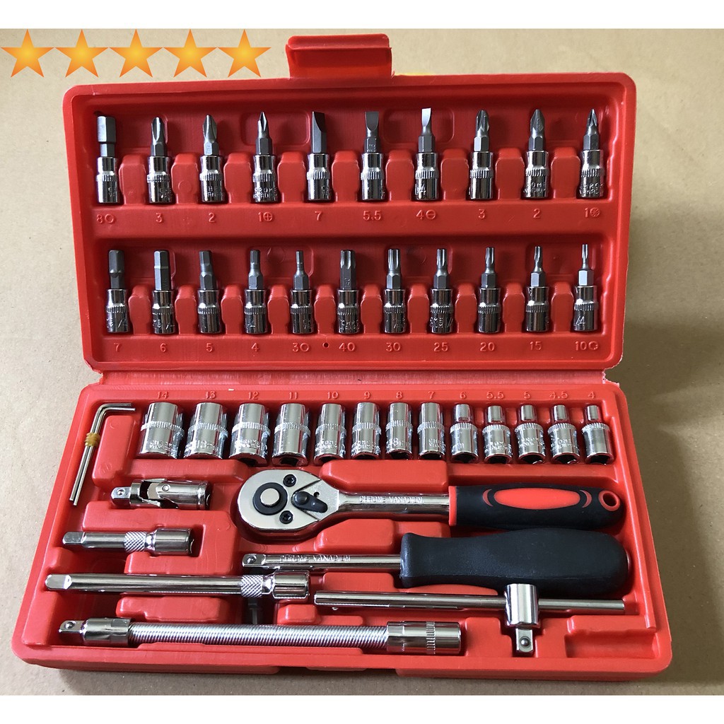 Bộ phụ kiện 46 chi tiết - dụng cụ tháo mở - Bộ đồ sửa chữa xe máy - tua vít - đầu khẩu - lục lăng