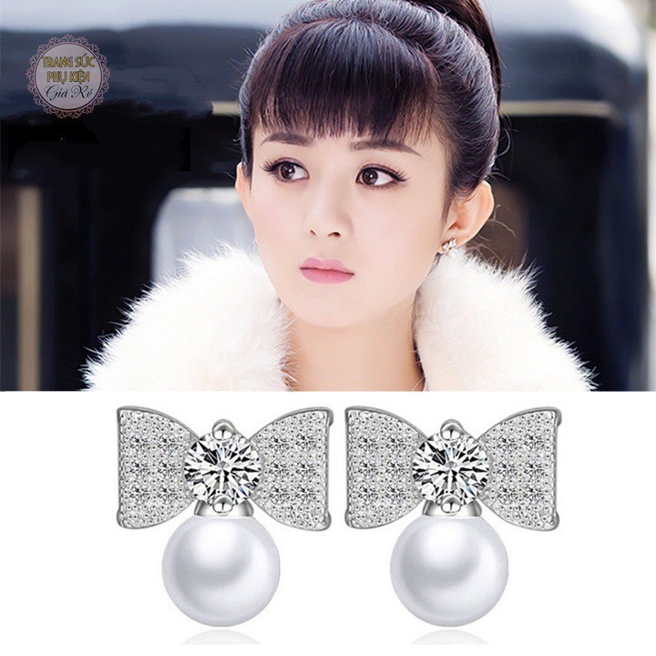 Bông tai nơ hạt châu xinh xắn, bạc ý S925- HT205