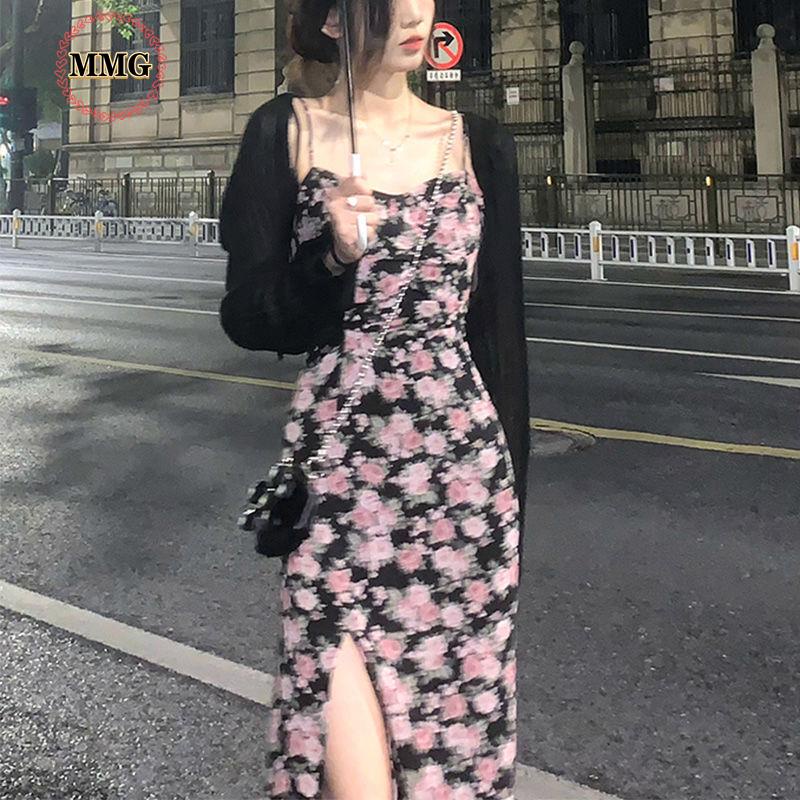 Set Đầm Hai Dây Kèm Áo Khoác Cardigan Chống Nắng Dáng Dài Xẻ Tà Chiết Eo Màu Trơn Phong Cách Hồng Kông Mùa Hè