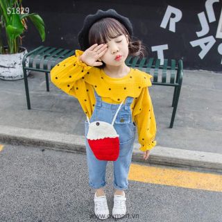 set áo sơ mi đũi chấm bi. yếm quần jean mềm cho bé gái  có ảnh thật hàng loại đẹp