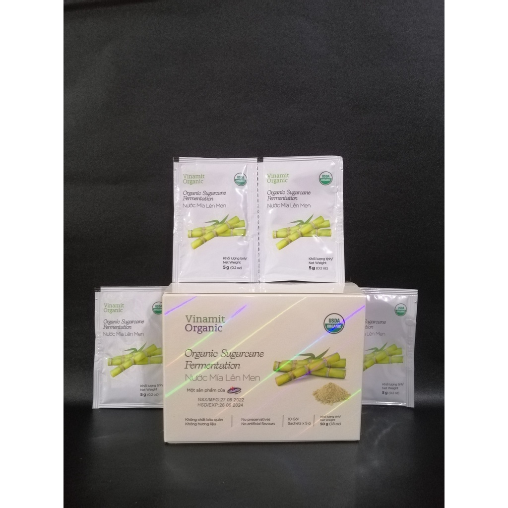 Nước mía lên men Vinamit hữu cơ 100% hộp 50g 10 gói nhỏ phiên bản mới