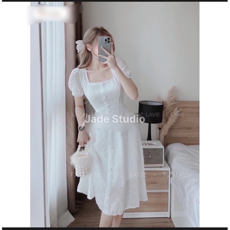 Đầm trắng midi voan ren bi trắng kem, đầm dự tiệc cổ vuông tay bồng Váy thiết kế cao cấp