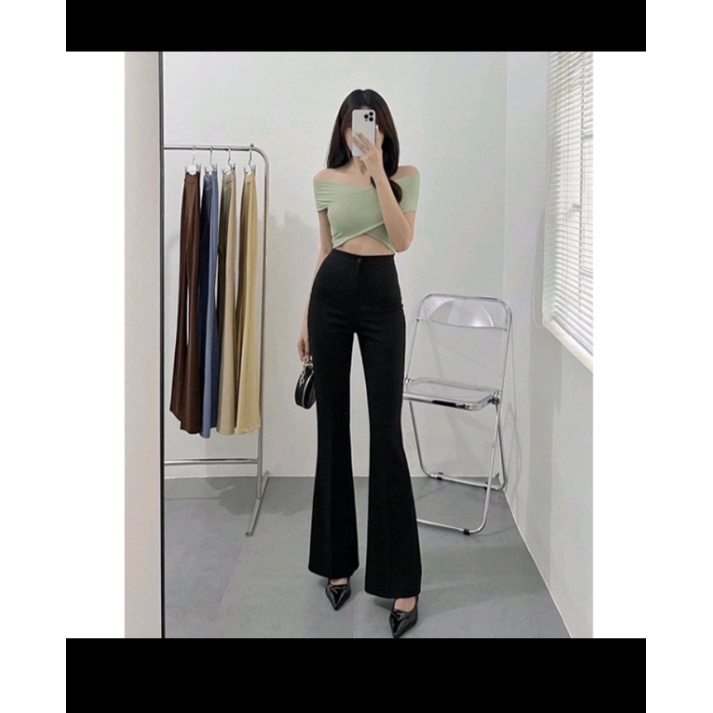 Quần ống loe cạp cao chất tuyết mưa ống loe co giãn bigsize quần cài khuy khoá trước kéo dài chân tôn dáng đen nâu be
