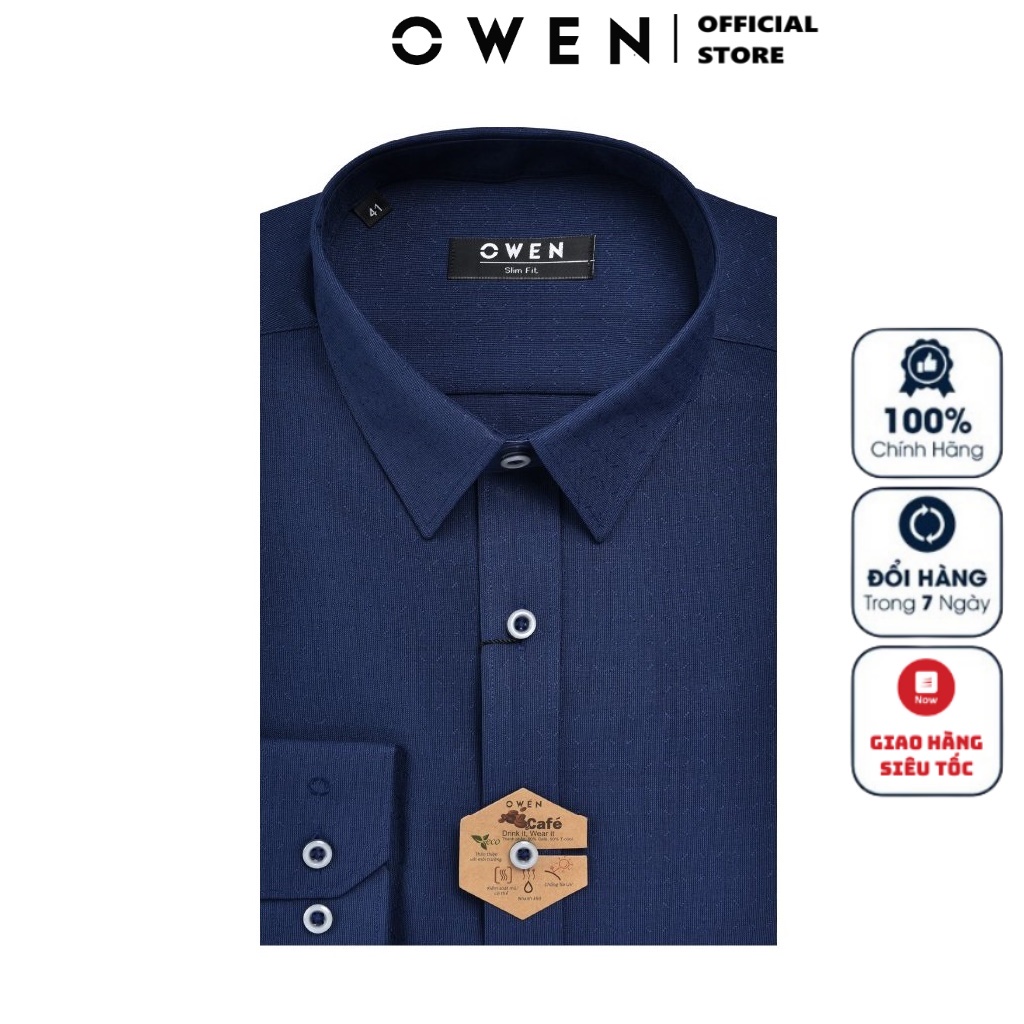 Áo Sơ Mi Nam Dài Tay Owen AS23360D Somi Công Sở Cao Cấp Màu Xanh Đậm Họa Tiết Chìm Dáng Ôm Không Túi Vải Cafe Mềm Mát