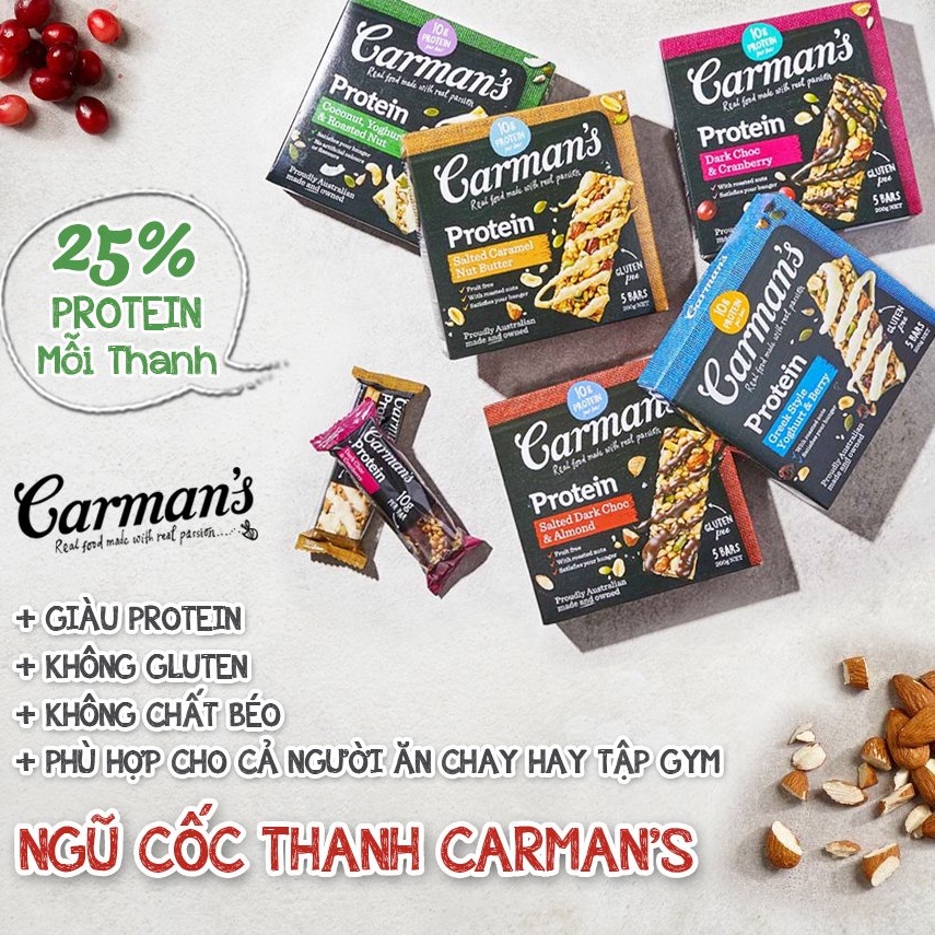 Ngũ cốc thanh hạt hoa quả sấy dinh dưỡng Protein Bar Carman's Hộp 200g