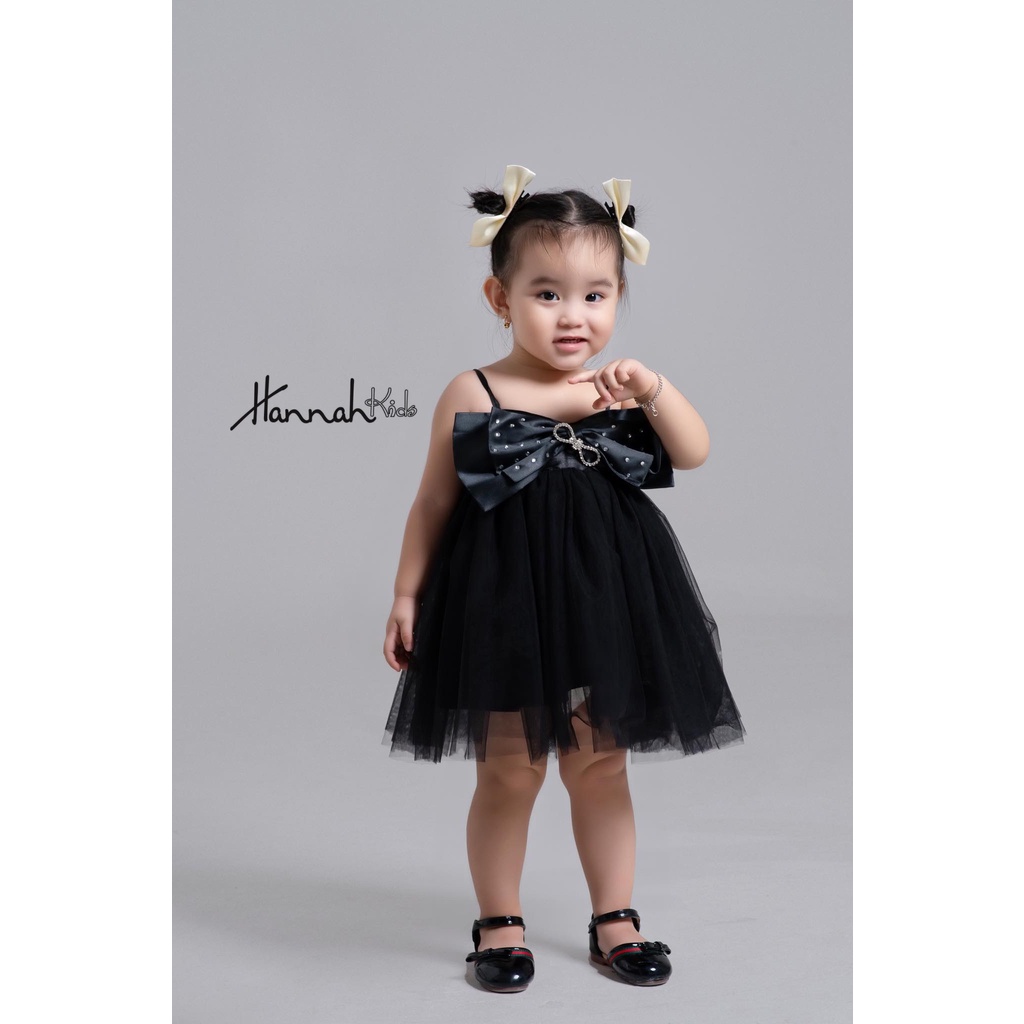 Váy Công Chúa Cho Bé Gái 8-29Kg, Đầm Dự Tiệc Sinh Nhật Cho Bé, Đầm Đen 2 Dây Đính Nơ Cho Bé Gái HANNAH KIDS