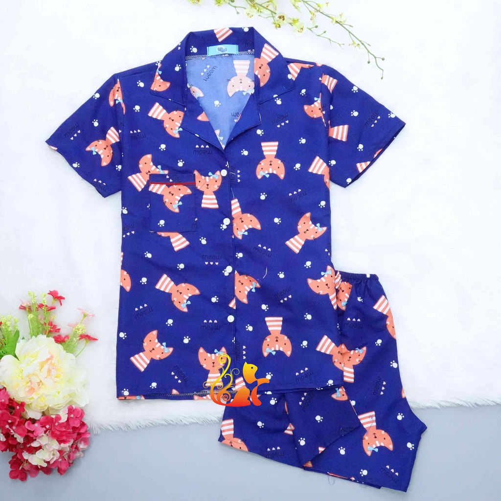 Đồ Bộ Mặc Nhà "Mèo nơ xanh" Pijama Kate Thái - Dưới 60kg.