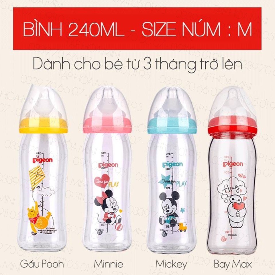 Bình Sữa Nội Địa Thủy Tinh Pigeon Cổ Rộng Cao Cấp 160ml/240ml