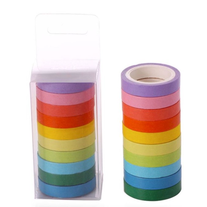 Bộ 10 Cuộn Băng Keo Giấy Washi Trang Trí ( 10 Màu Sắc Cầu Vòng)