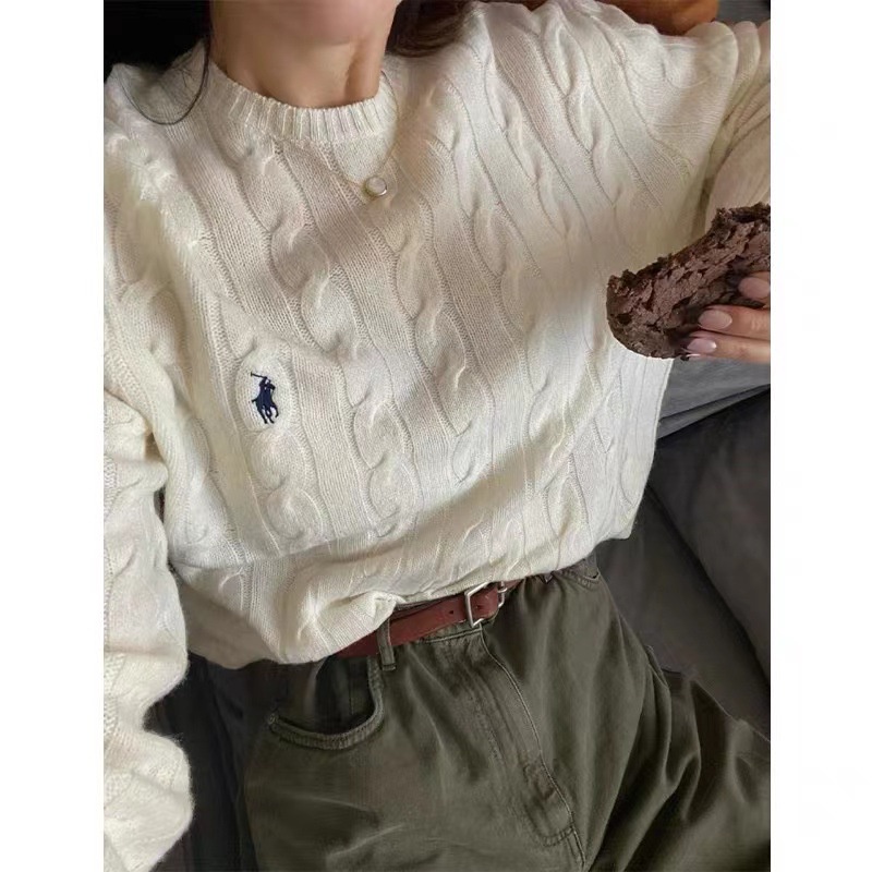 Ralph Lauren battle horse small horse label Solid color autumn and winter twist pullover long sleeve sweater retro American sweater women's 2022