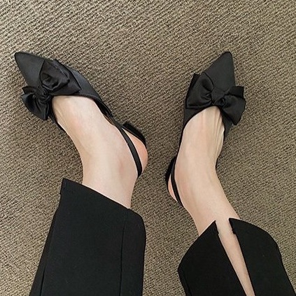 Giày Sandal Mũi Nhọn Nơ Xinh Đế 1 Cm Chất Lụa Đẹp ( Hậu Lụa) - Zinzin3456