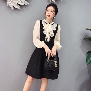 BÁN SỈ Đầm thiết kế đen xoè phối tay voan tơ, váy thu đông 2019, váy đầm xinh dự tiệc ,,