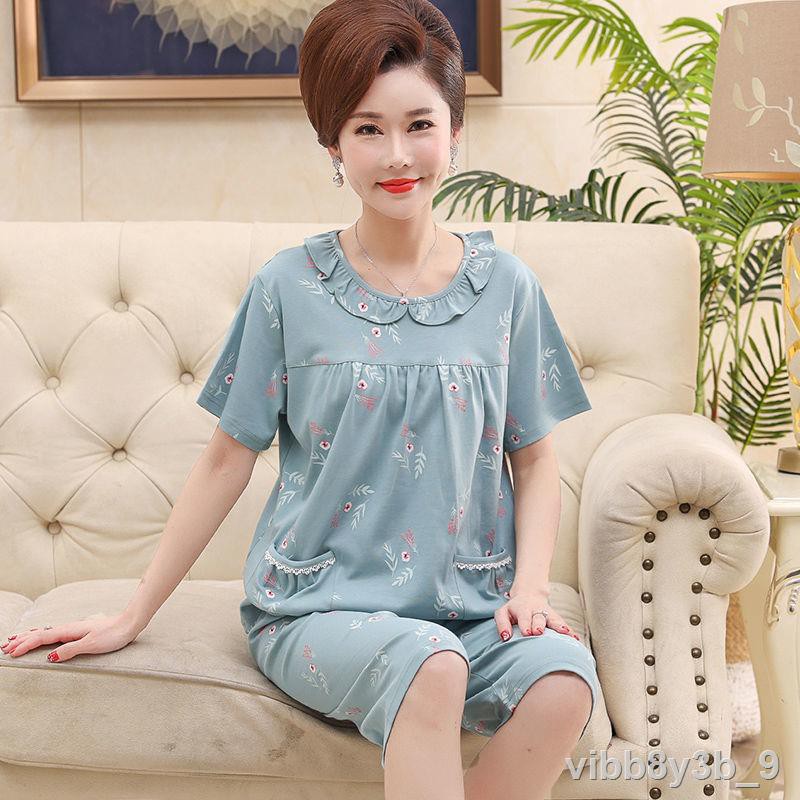 Bộ đồ ngủ của mẹ, quần dài ngắn tay bằng cotton phụ nữ, dịch vụ phục tại nhà cho người béo plus size, trung niên v