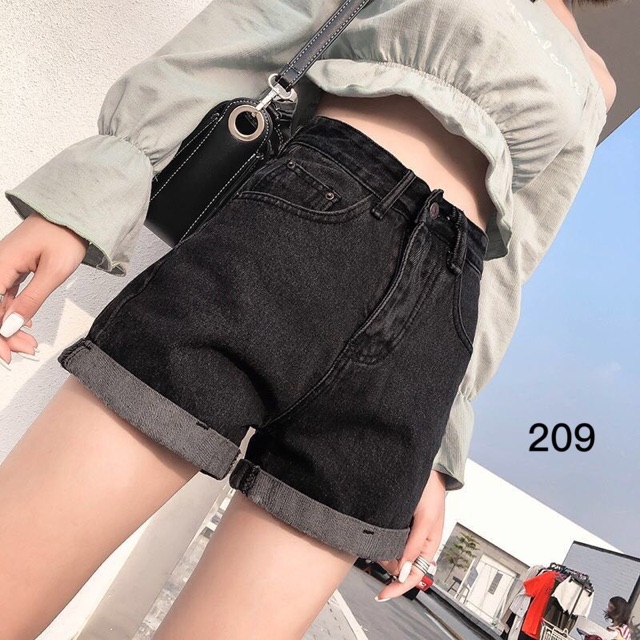 Quần short jeans lưng cao trơn cuốn lai màu xám ulzzang kèm ảnh thật