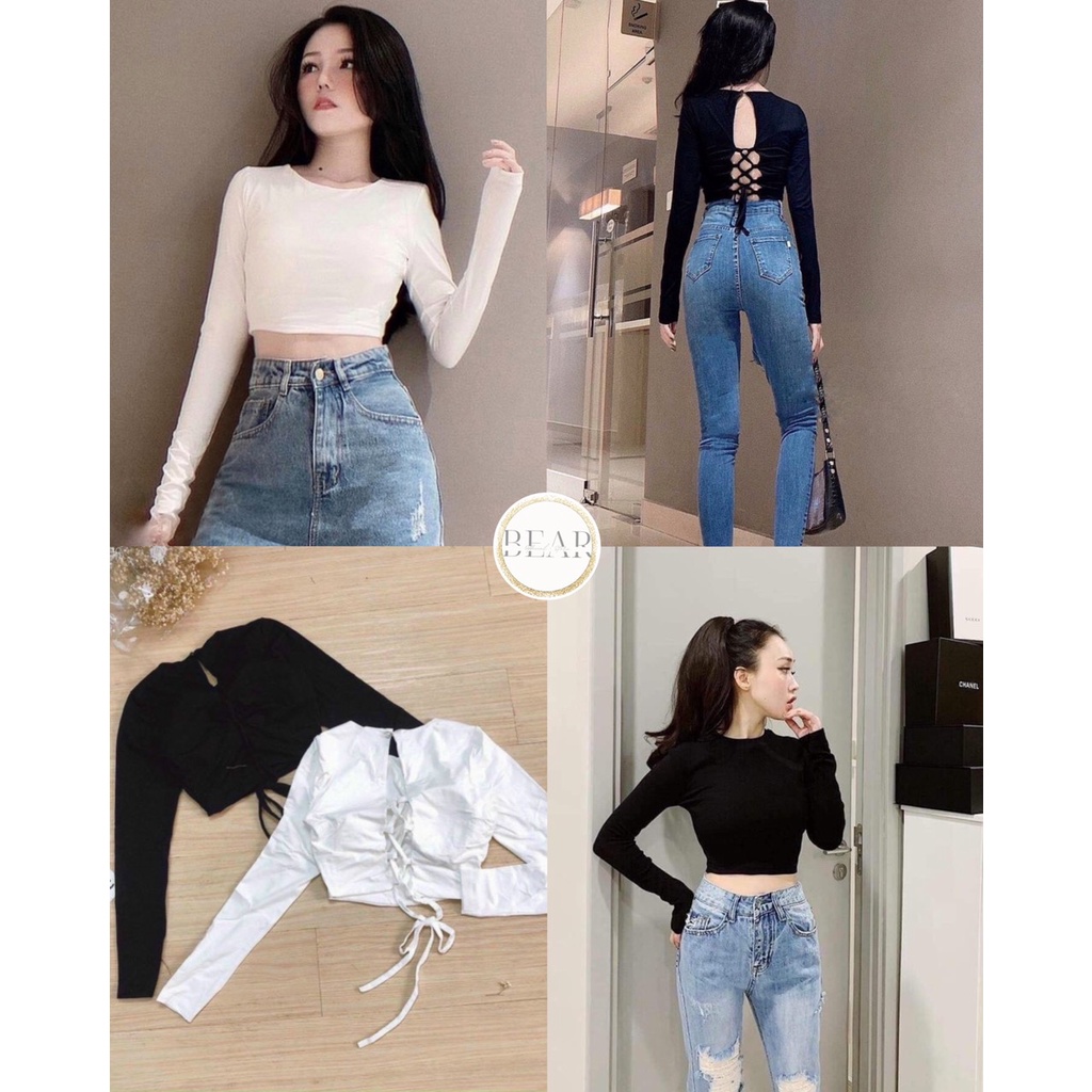 Áo Croptop Nữ Kiểu Tay Dài Đan Dây Hở Lưng Có Mút Ngực Xinh Xắn - AK0026 | bear.story