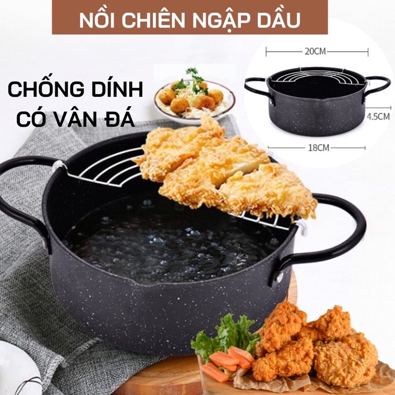 Nồi Chiên Gang Chống Dính Vân Đá Kèm Khay Ráo Dầu Tiện Lợi