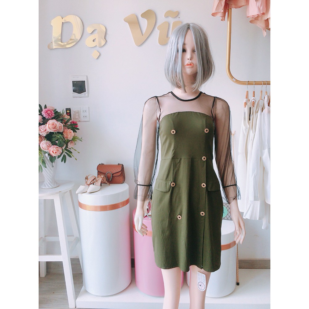 VÁY XANH RÊU DÁNG XÒE FOM NGẮN PHỐI TAY REN ĐEN SIÊU XINH