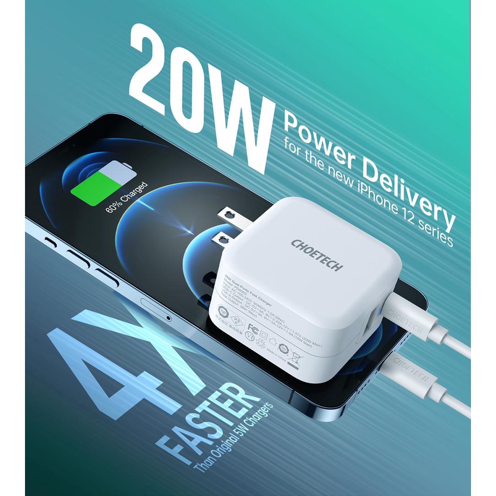 Bộ Củ Sạc Nhanh CHOETECH 38W PD5002-W Và Cáp C to C 60W Dài 1.8M CC0005-S Cho Điện Thoại Samsung, Oppo, Vivo, Xiaomi