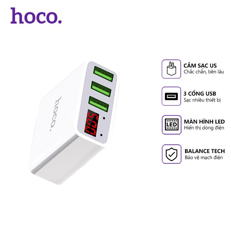 Cóc sạc nhanh HOCO C15 3A (3 cổng USB, màn hình LED)