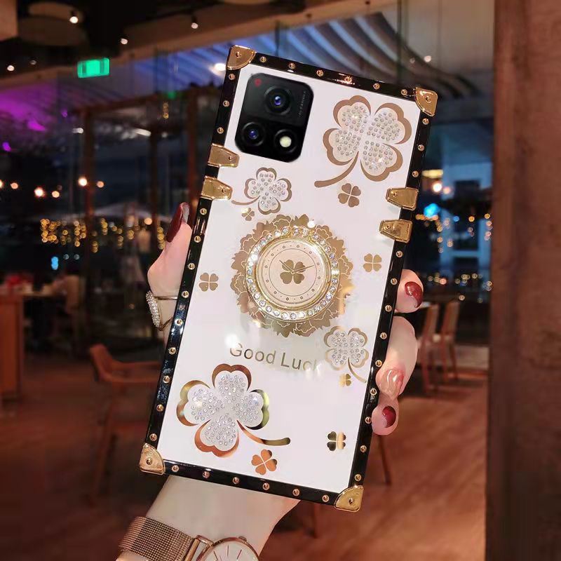 Ốp Điện Thoại Hình Vuông Đính Đá Lấp Lánh Kèm Giá Đỡ Cho Oppo A55 A15 A15S A16 A9 A53 A33 A5s A3s A12 A31 A52