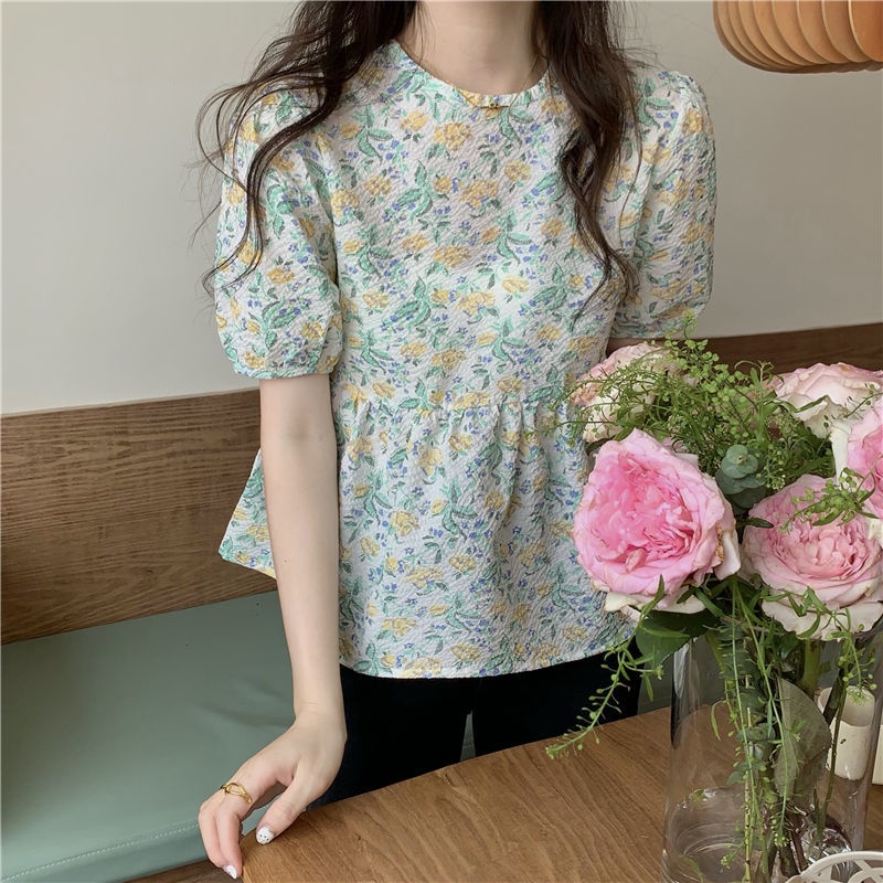 Salty Áo Sơ Mi Ngắn Tay Phồng Ngọt Ngào Giảm Tuổi Hình Hoa Cho Nữ