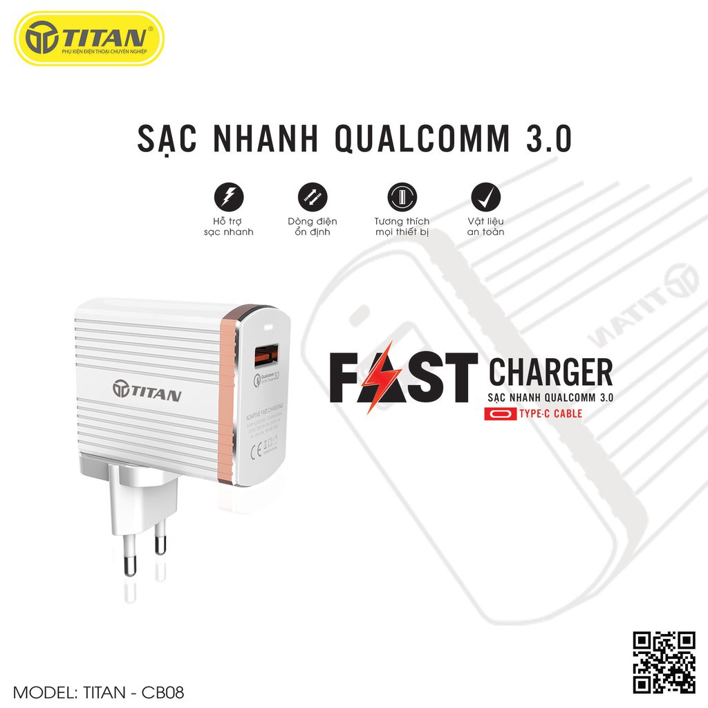 Combo sạc nhanh 3A cổng ra chân TYPEC TITAN - CB08 - Chính Hãng - Siêu Bền