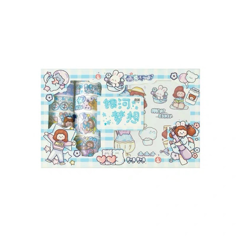[Sale] Hộp 10 cuộn washi tape x 10 tờ stickers bé gái dễ thương 4 tông màu DIY