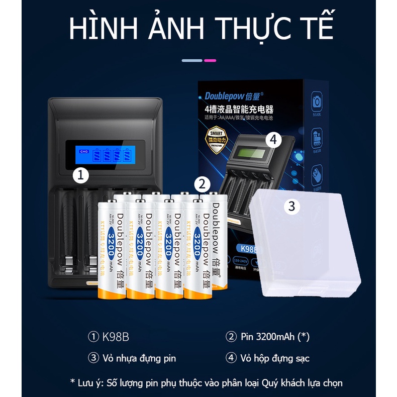 Bộ sạc pin tiểu AA AAA thông minh DP-K98B và pin sạc AA 3200mAh chính hãng Doublepow