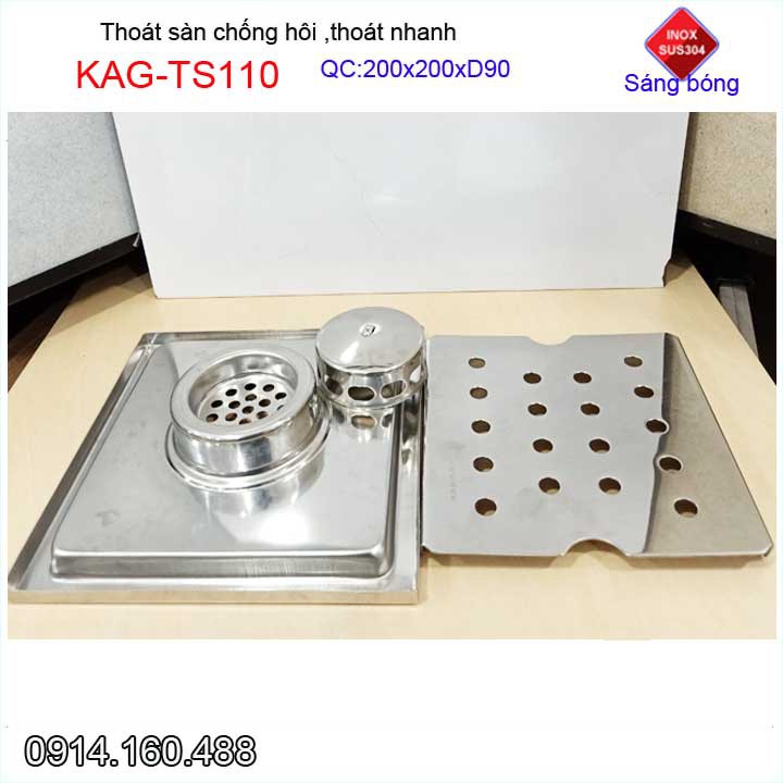 Hố ga thoát sàn Inox Kace ống 9cm KAG-TS110 Inox 304, phễu thoát nước chống hôi 20x20cm ống D90mm