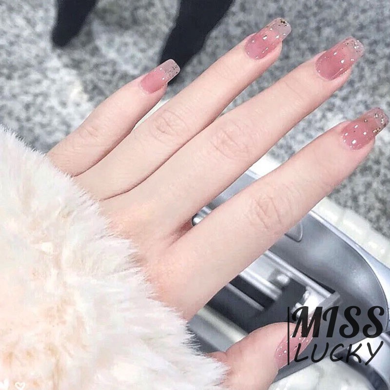 Bộ 24 Móng Tay Giả Dáng Dài Đính Kim Tuyến Màu Hồng Cho Nữ