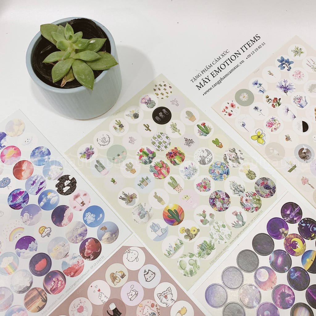 Sticker bế sẵn hình tròn nhiều chủ đề mặt cười, thú cưng, totoro, kawai set 47 hình/tờ A5