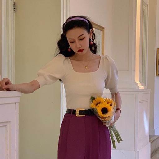 Áo thun bằng vải dệt kim tay ngắn phồng cổ vuông màu sắc cổ điển thời trang mùa hè cho nữ